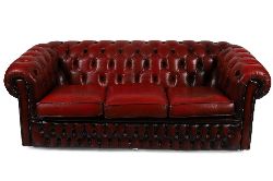 VINTAGE OX BLOOD LEATHER THREE-SEATER CHESTERFIELD SETTEE