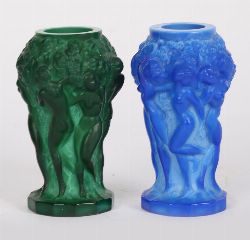 PAIR OF MOULDED GLASS MALACHITE VASES WITH NYMPH RELIEFS
