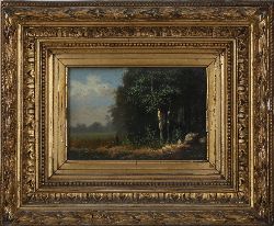 M. DONAT, WOODLAND CLEARING WITH FIGURE, SIGNED OIL ON BOARD