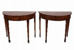 PAIR OF 19TH-CENTURY SATINWOOD AND PAINTED DEMI-LUNE CONSOLE TABLES