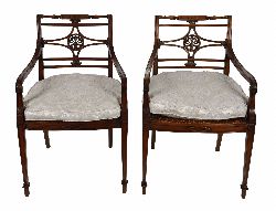 PAIR OF EDWARDIAN MAHOGANY HEPPLEWHITE STYLE BERGERE CHAIRS