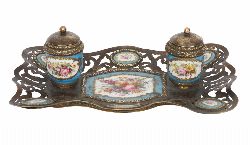 19TH-CENTURY SEVRES STYLE PORCELAIN AND ORMOLU PEN AND INK STAND