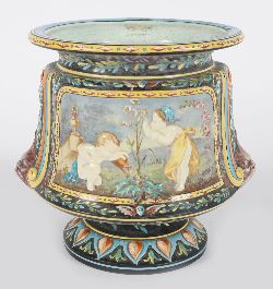 MAJOLICA JARDINIERE WITH PUTTI