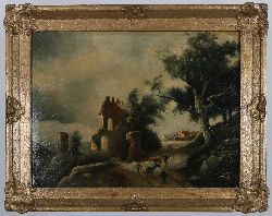 ENGLISH SCHOOL, LANDSCAPE WITH RUINS AND FIGURES, OIL ON CANVAS