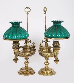 PAIR OF 19TH-CENTURY BRASS OIL LAMPS WITH GREEN GLASS SHADES