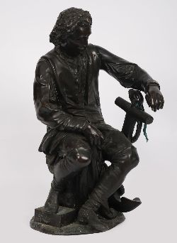 19TH-CENTURY PATINATED BRONZE FIGURE OF A SEATED PHILOSOPHER WITH ANCHOR