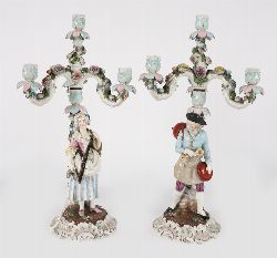 PAIR OF SITZENDORF PORCELAIN FIGURAL CANDELABRA