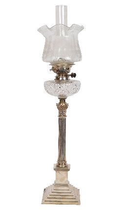 19TH-CENTURY SILVER STEMMED OIL LAMP