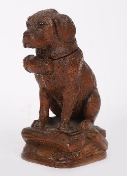 19TH-CENTURY BLACK FOREST CARVED DOG INKWELL WITH ARTICULATED HEAD