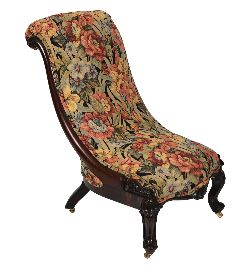 19TH-CENTURY DUBLIN MAHOGANY AND UPHOLSTERED LADY'S SCROLL BACK CHAIR, BY STRAHAN