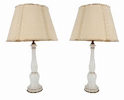 PAIR OF PALE GLASS TABLE LAMPS WITH SHADES