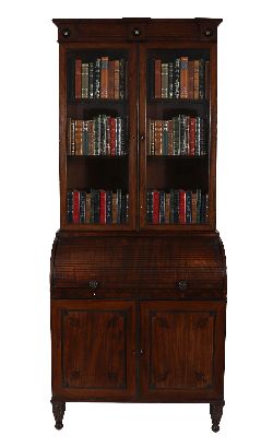 PARTICULARLY HANDSOME REGENCY MAHOGANY TAMBOUR-FRONT SECRETAIRE BOOKCASE, C. 1820