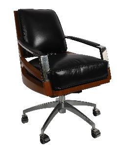 DESIGNER LEATHER, POLISHED CHROME, AND FRUITWOOD REVOLVING DESK CHAIR