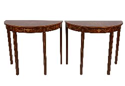 PAIR OF SHERATON STYLE MAHOGANY AND MARQUETRY SIDE TABLES