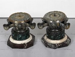 PAIR LATE 18TH-CENTURY NEOCLASSICAL BRONZE AND MARBLE ROMAN-STYLE LAMP