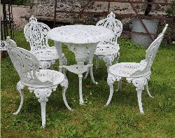 ROCOCO STYLE HEAVY CAST IRON GARDEN TABLE AND FOUR CHAIRS