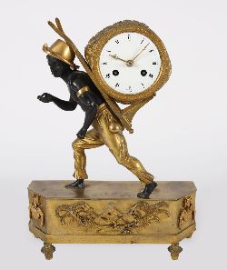 FRENCH EMPIRE GILT AND PATINATED BRONZE FIGURAL MANTEL CLOCK
