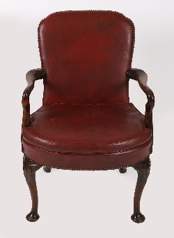 EDWARDIAN GEORGE II STYLE HIDE UPHOLSTERED LIBRARY CHAIR