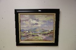 TOM GREANEY, BOATS AND THATCHED COTTAGES IN A WESTERN LANDSCAPE