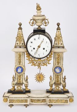 RARE 19TH-CENTURY FRENCH ORMOLU, MARBLE AND JASPERWARE ARCHITECTURAL CLOCK