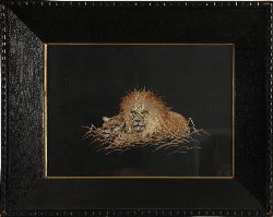 PAIR OF MEIJI PERIOD JAPANESE EMBROIDERED SILKS - LIONS IN REPOSE