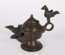 ISLAMIC BRASS OIL LAMP WITH BIRD FINIAL