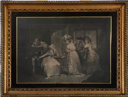 19TH-CENTURY ENGRAVING, ELEGANT FIGURES IN INTERIOR