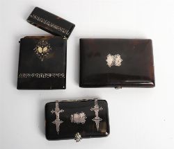 SET OF 3 VICTORIAN TORTOISESHELL AND SILVER INLAID CARD CASES
