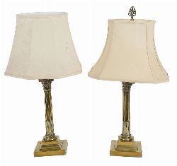 PAIR OF EDWARDIAN CORINTHIAN BRASS TABLE LAMPS WITH SHADES