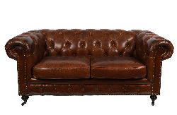 HIDE-UPHOLSTERED DEEP-BUTTONED CHESTERFIELD SETTEE WITH LOOSE CUSHIONS