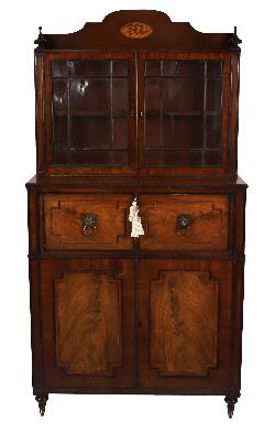 REGENCY PERIOD MAHOGANY AND BOXWOOD INLAID SECRETAIRE BOOKCASE