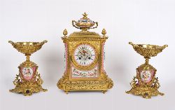 OUTSTANDING 19TH-CENTURY FRENCH PINK SEVRES AND ORMOLU CLOCK GARNITURE