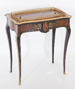 EXCEPTIONAL QUALITY REGENCY AMBOYNA WOOD, EBONY, AND BRASS INLAID SIDE TABLE/JARDINIERE