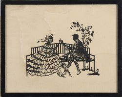 SILHOUETTE CUT-PAPER PICTURE, COUPLE ON A BENCH
