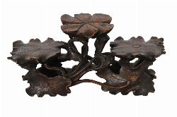 19TH-CENTURY CHINESE CARVED HARDWOOD TRIPLE LOTUS DISPLAY STAND