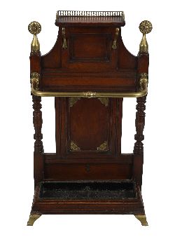 A. & H. SHOOLBRED LATE 19TH-CENTURY OAK AND BRASS HALL STAND