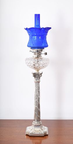 OIL LAMP ON SILVER COLUMN WITH CUT GLASS BOWL AND BLUE SHADE, LONDON 1911