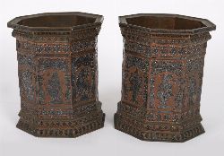 PAIR OF INDIAN REPOUSSE COPPER AND BRASS OCTAGONAL VASES