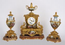 EXCEPTIONAL 19TH-CENTURY FRENCH SEVRES PORCELAIN AND ORMOLU CLOCK GARNITURE