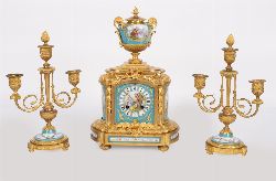 3 PIECE 19TH-CENTURY FRENCH SEVRES PORCELAIN AND ORMOLU CLOCK GARNITURE