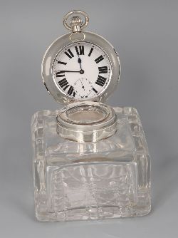 SILVER-MOUNTED INKWELL WITH CLOCK