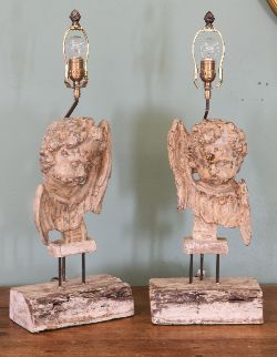 PAIR OF EARLY CARVED WOODEN CHERUB TABLE LAMPS MOUNTED ON BASES