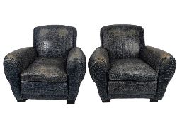 PAIR OF 1920S FAUX CROCODILE SKIN UPHOLSTERED CLUB ARMCHAIRS