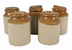 COLLECTION OF FIVE SMALL CYLINDRICAL STONEWARE JARS