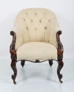 EARLY VICTORIAN MAHOGANY ARMCHAIR WITH DEEP BUTTONED SPOON-SHAPED BACK