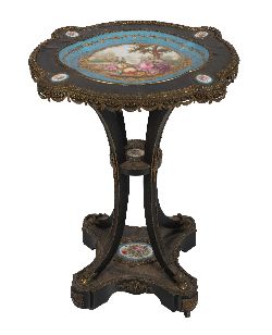 19TH-CENTURY GILT METAL MOUNTED EBONY TABLE WITH SEVRES-STYLE PORCELAIN PANELS