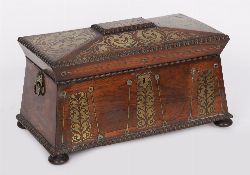 REGENCY ROSEWOOD AND BRASS INLAID TEA CADDY