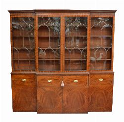 LARGE GEORGIAN MAHOGANY INLAID FOUR-DOOR BREAKFRONT BOOKCASE WITH SECRETAIRE