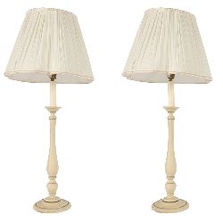PAIR OF PAINTED TURNED WOOD TABLE LAMPS WITH SHADES