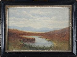 IRISH SCHOOL, MOUNTAIN LANDSCAPE WITH RIVER, OIL ON BOARD